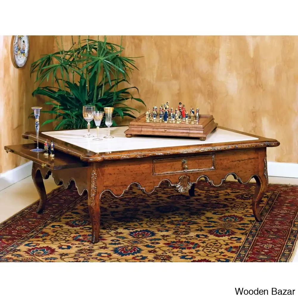 Country French Solid Wood Coffee And Center Table Travertine