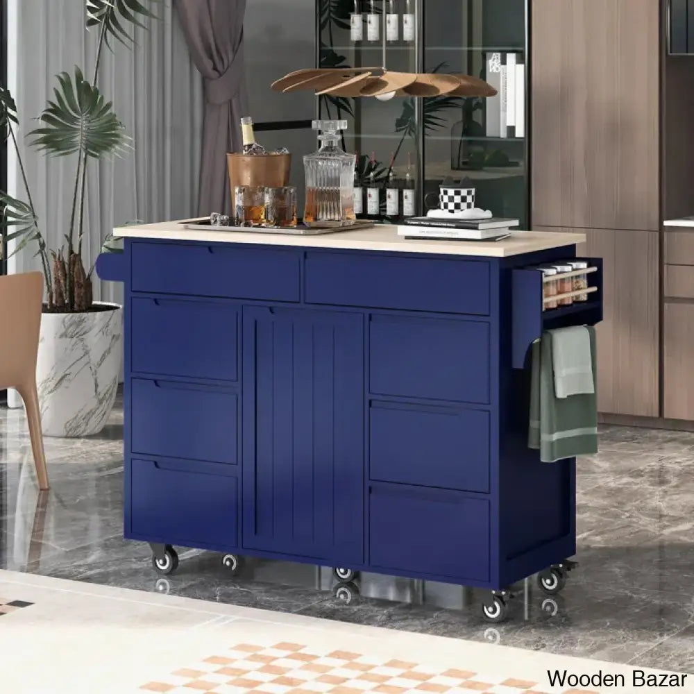 Crader Wood Kitchen Cart Trolley Cart Cabinet Kitchen Island With Storage Blue