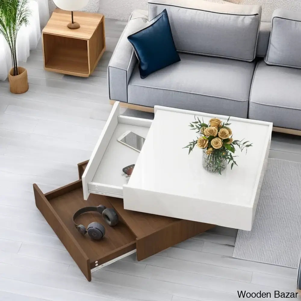 Curreyl Square 360° Rotating Coffee And Center Table With 2 Drawers