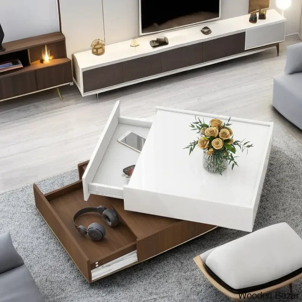 Curreyl Square 360° Rotating Coffee And Center Table With 2 Drawers