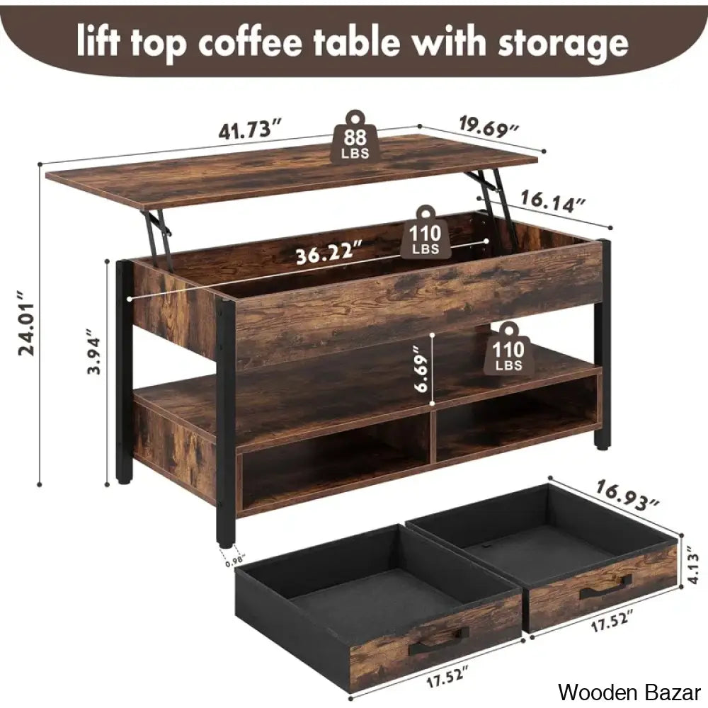 Darrelyne Coffee And Center Table Lift Top Multi-Function Convertible Tables Retro Central