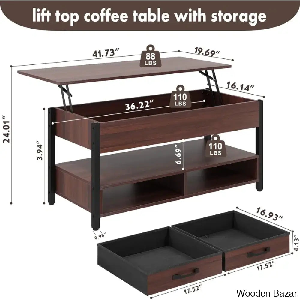 Darrelyne Coffee And Center Table Lift Top Multi-Function Convertible Tables Retro Central