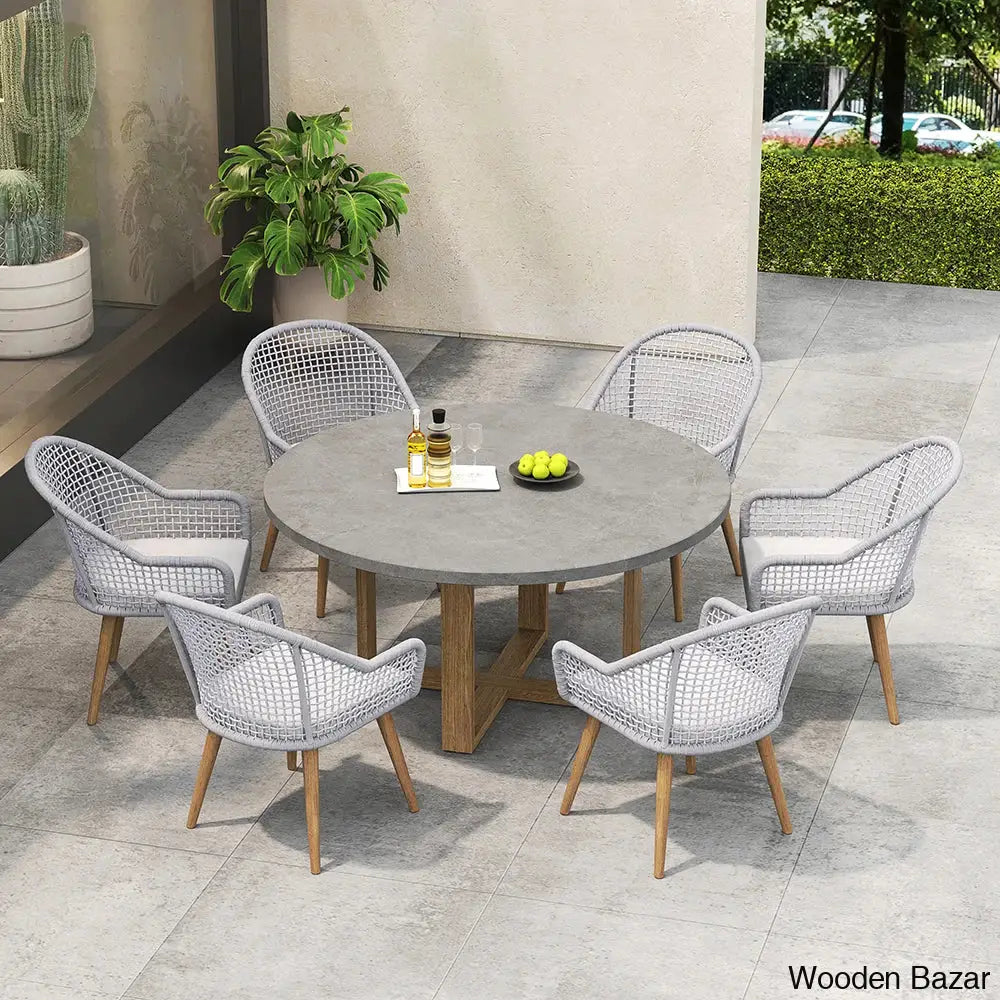 Dawn 6 Seater Teak And Concreate Round Dining Set With Gray Woven Arm Chairs