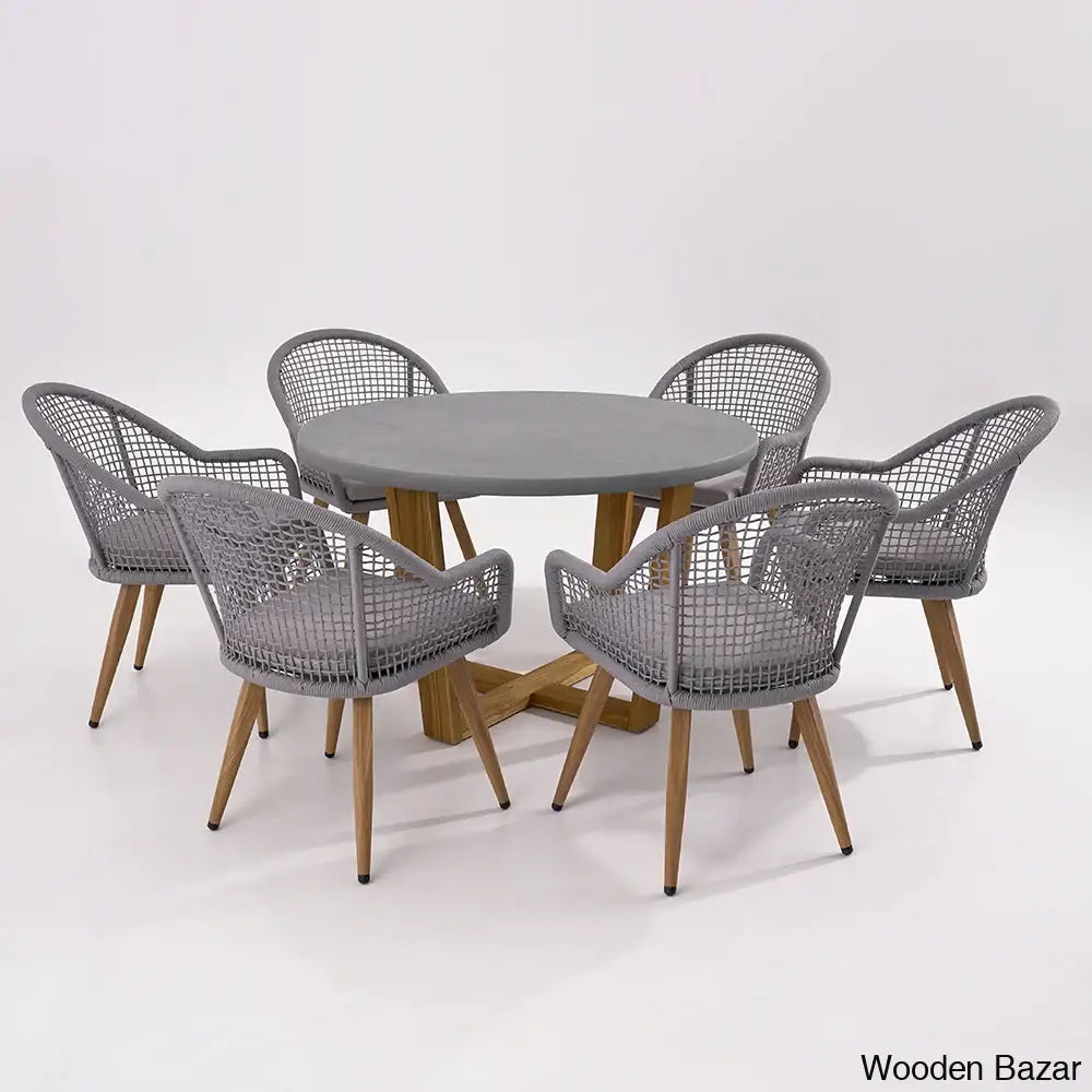 Dawn 6 Seater Teak And Concreate Round Dining Set With Gray Woven Arm Chairs