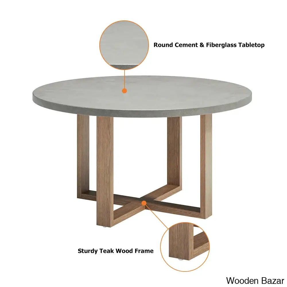 Dawn 6 Seater Teak And Concreate Round Dining Set With Gray Woven Arm Chairs