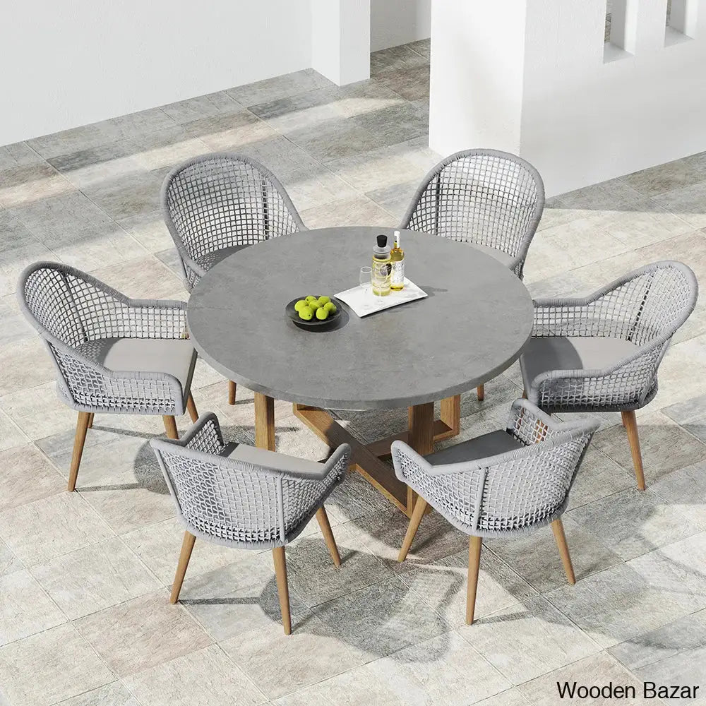 Dawn 6 Seater Teak And Concreate Round Dining Set With Gray Woven Arm Chairs