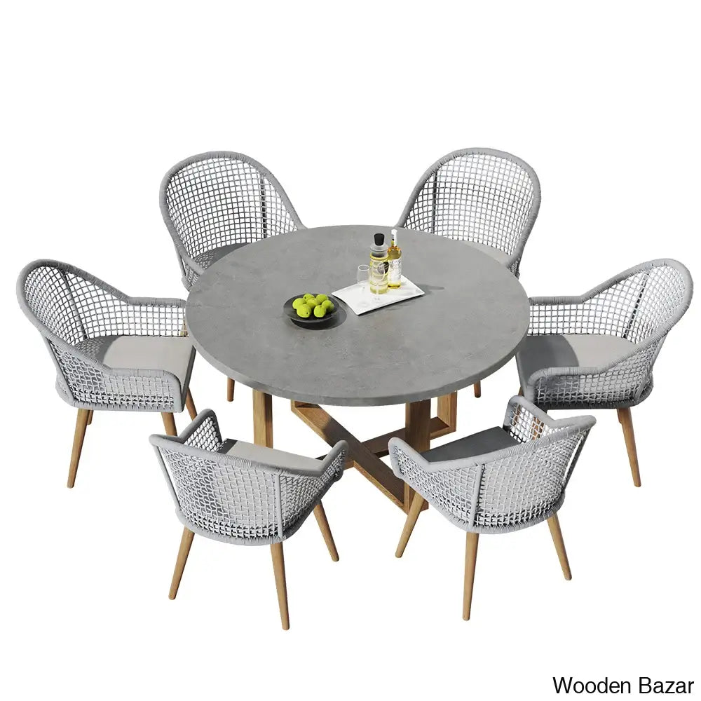 Dawn 6 Seater Teak And Concreate Round Dining Set With Gray Woven Arm Chairs