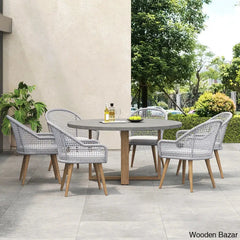 Dawn 6 Seater Teak And Concreate Round Dining Set With Gray Woven Arm Chairs