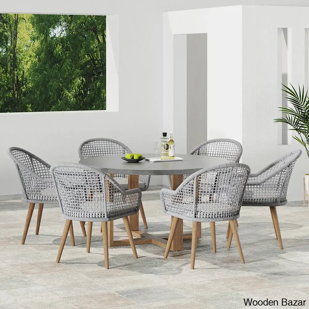 Dawn 6 Seater Teak And Concreate Round Dining Set With Gray Woven Arm Chairs