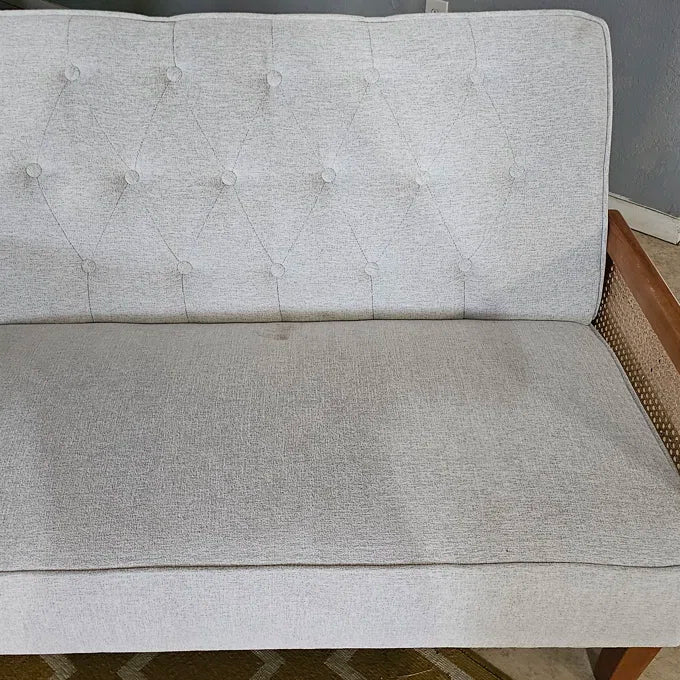 Modern Coastal  Loveseat – Linen Fabric Sofa with Rattan Arms