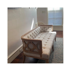 French Vintage Sofa – Solid Oak Frame with Beige Linen Upholstery