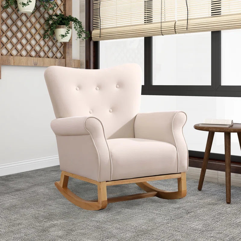 Lemnoor Elegant Upholstered Rocking Chair with Wooden Base and Button-Tufted Backrest