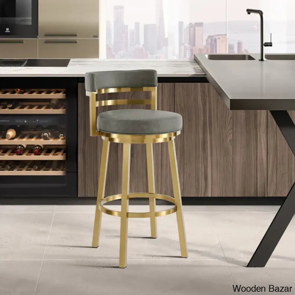 Deherreraz Modern Swivel Counter And Bar Stool With Open Low Back Footrest In Metal Faux Leather