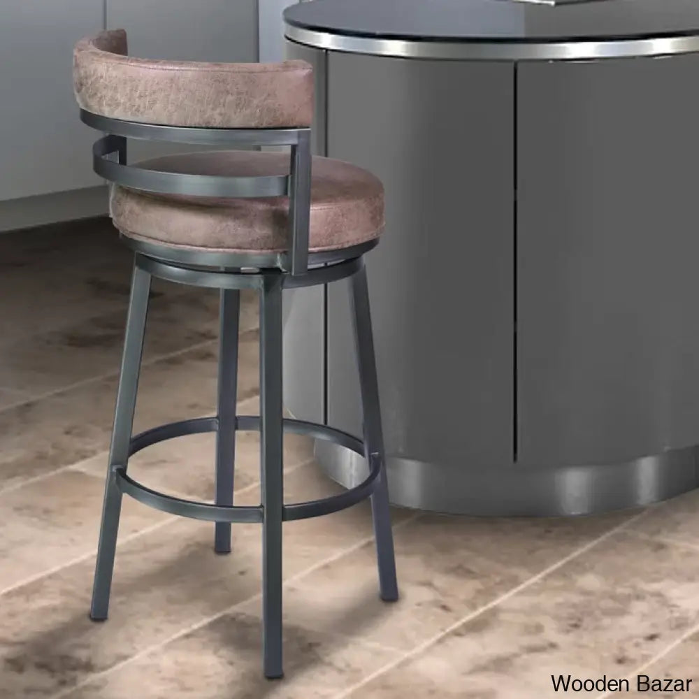 Deherreraz Modern Swivel Counter And Bar Stool With Open Low Back Footrest In Metal Faux Leather