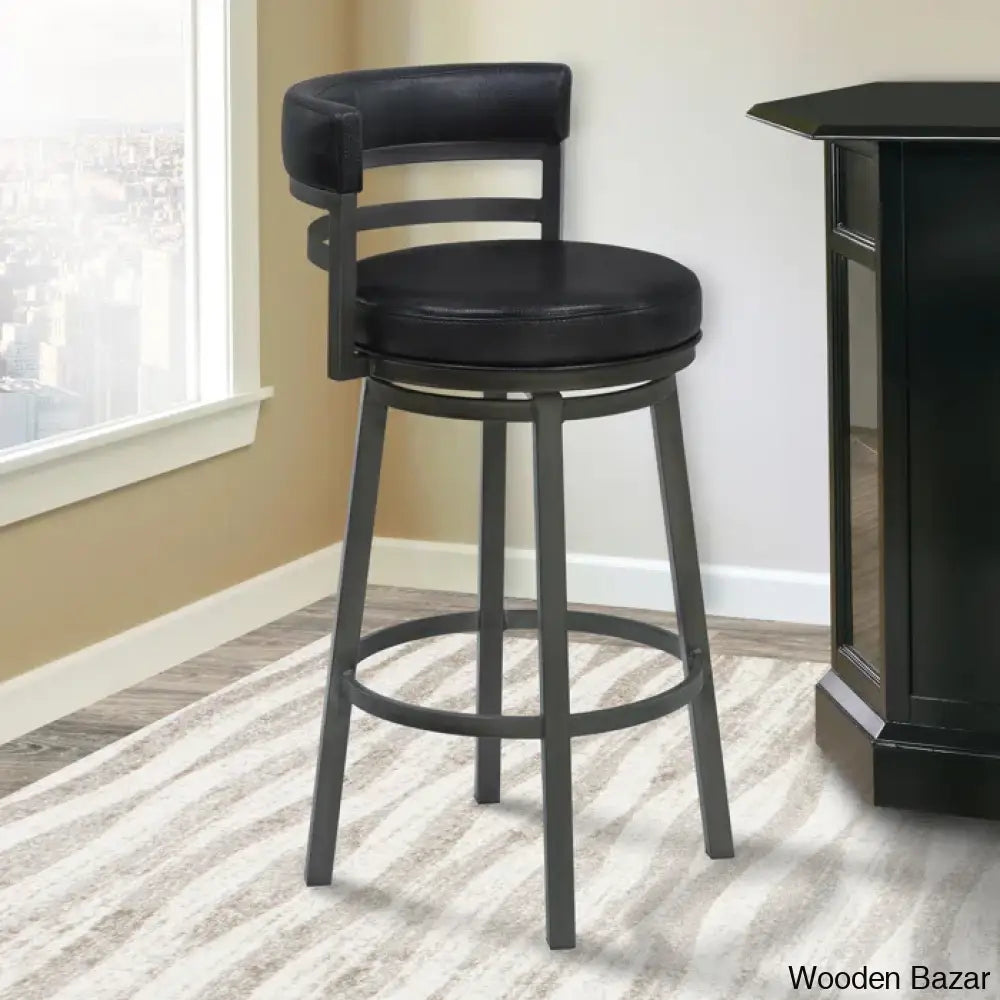 Deherreraz Modern Swivel Counter And Bar Stool With Open Low Back Footrest In Metal Faux Leather