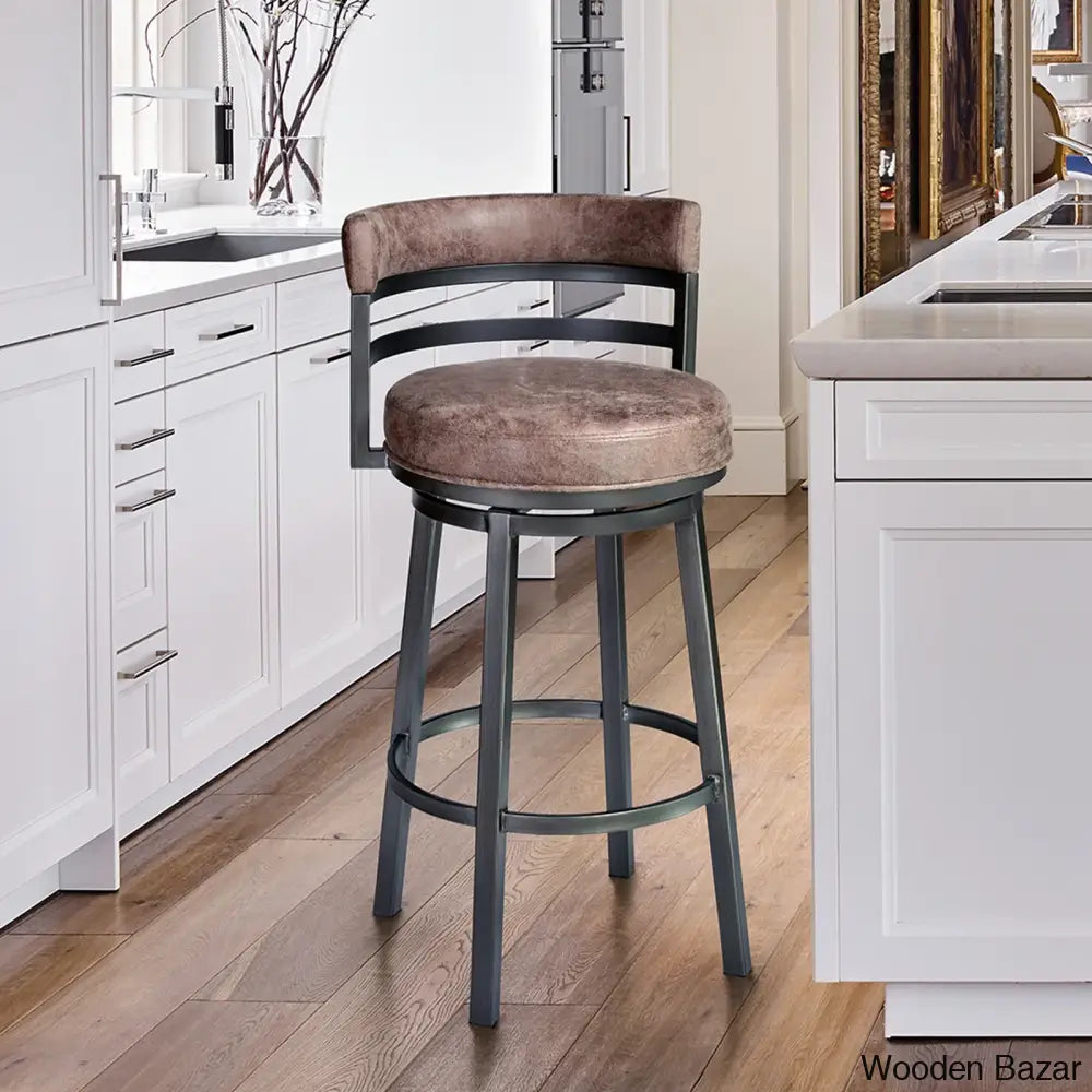 Deherreraz Modern Swivel Counter And Bar Stool With Open Low Back Footrest In Metal Faux Leather