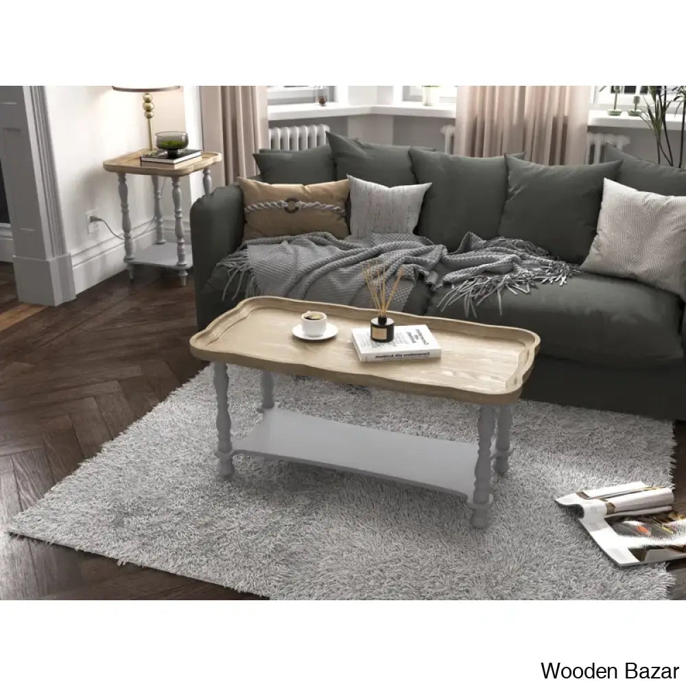 Deion French Farmhouse Coffee And Center Table Natural Tray Top Sofa