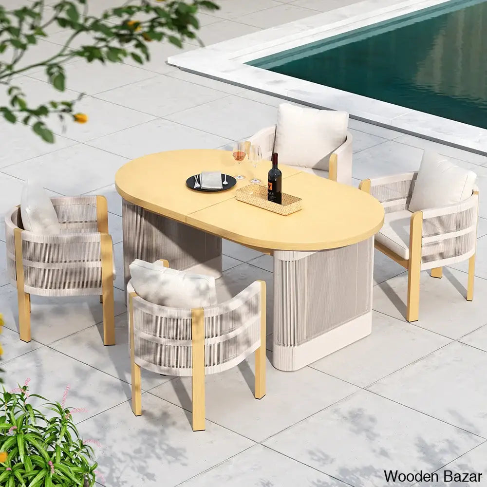 Delsie 6 Seater Aluminium Outdoor Dining Table Set With Extendable And Wooven Arm Chair