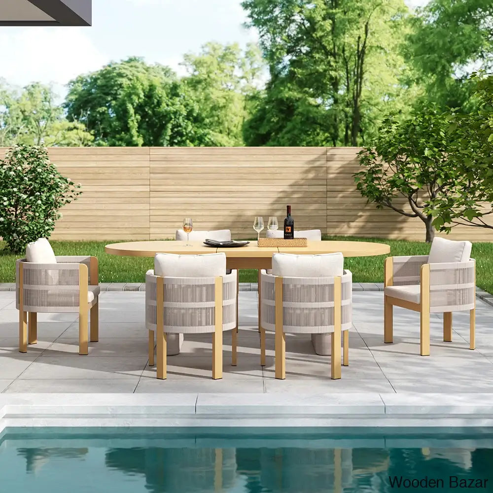 Delsie 6 Seater Aluminium Outdoor Dining Table Set With Extendable And Wooven Arm Chair