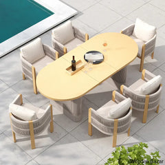 Delsie 6 Seater Aluminium Outdoor Dining Table Set With Extendable And Wooven Arm Chair