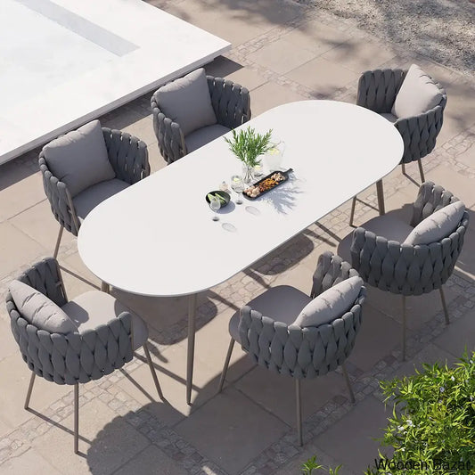 Delsie 6 Seater Oval Faux Marble Outdoor Dining Set With Rope Woven Armchairs