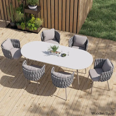 Delsie 6 Seater Oval Faux Marble Outdoor Dining Set With Rope Woven Armchairs