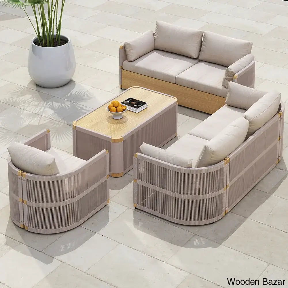 Denny Modern Khaki Swivel Sofa Set With Aluminium And Rope Design - Wooden Bazar