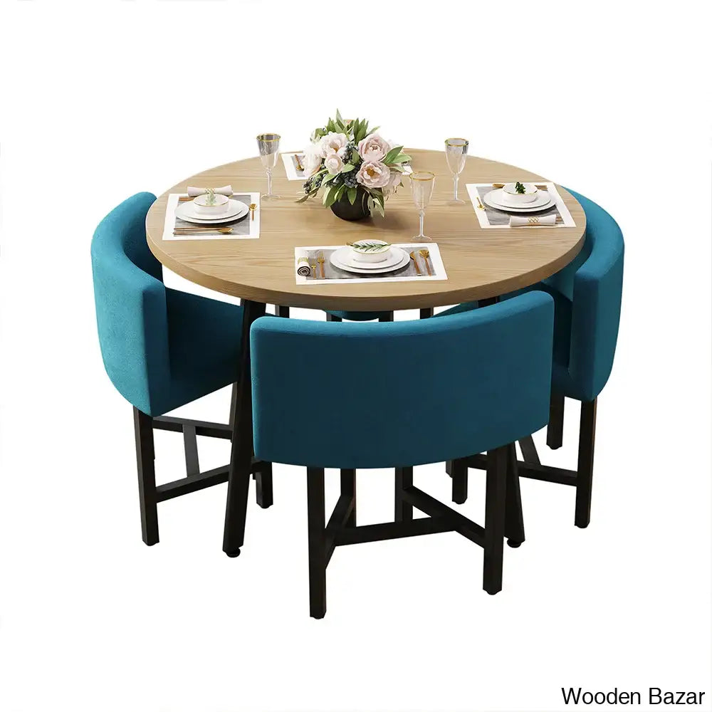 Devon Cozy 40’’ Round Wooden Dining Table Set With Blue Upholstered Chairs