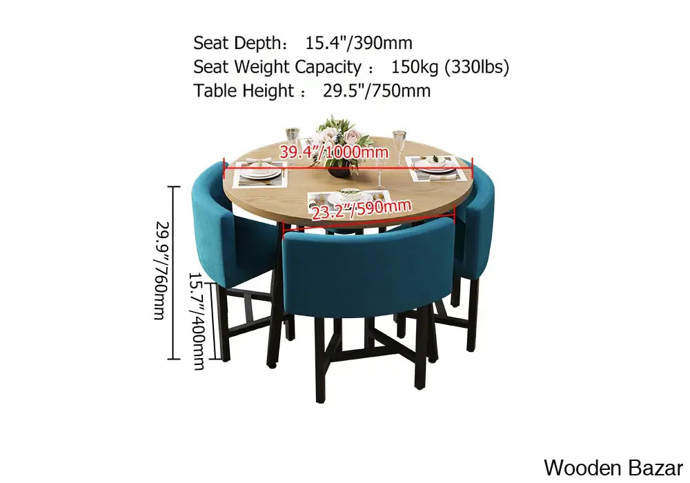 Devon Cozy 40’’ Round Wooden Dining Table Set With Blue Upholstered Chairs