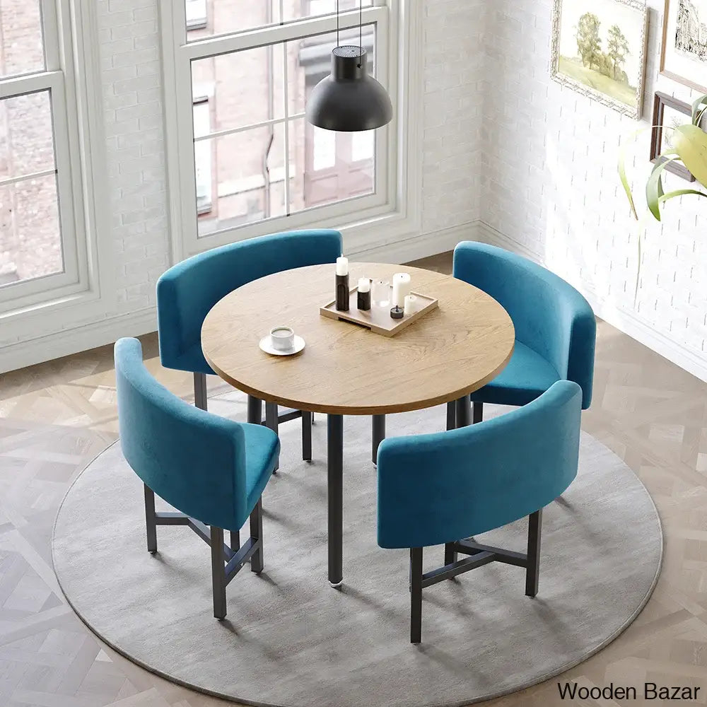 Devon Cozy 40’’ Round Wooden Dining Table Set With Blue Upholstered Chairs