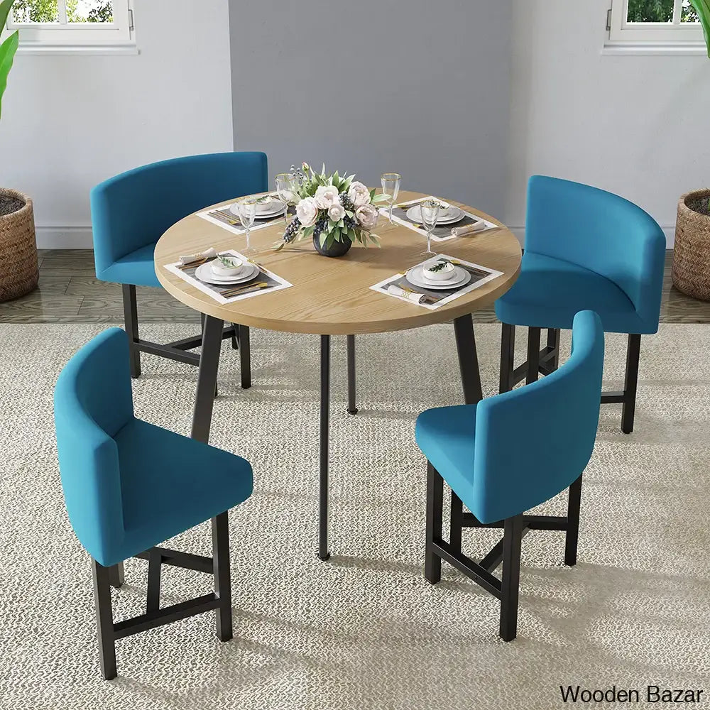 Devon Cozy 40’’ Round Wooden Dining Table Set With Blue Upholstered Chairs