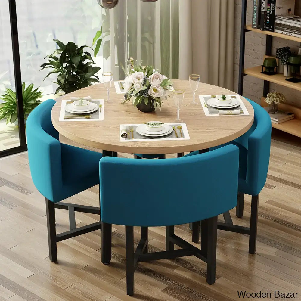 Devon Cozy 40’’ Round Wooden Dining Table Set With Blue Upholstered Chairs