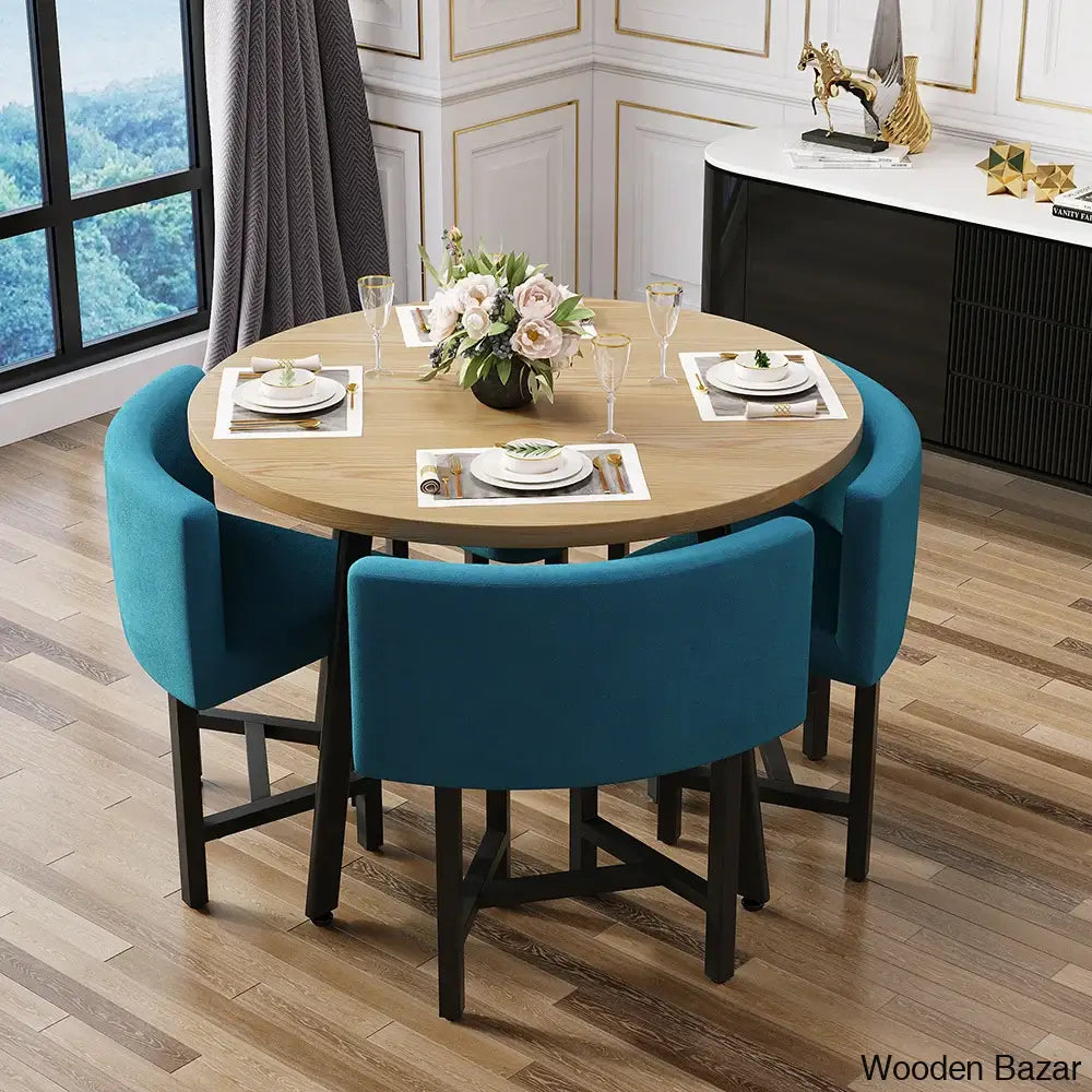 Devon Cozy 40’’ Round Wooden Dining Table Set With Blue Upholstered Chairs