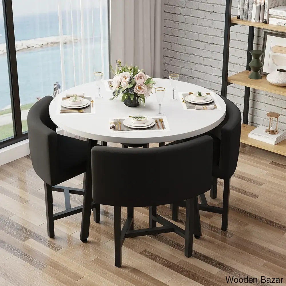 Devon Cozy 40’’ Round Wooden Dining Table Set With Blue Upholstered Chairs White/Black