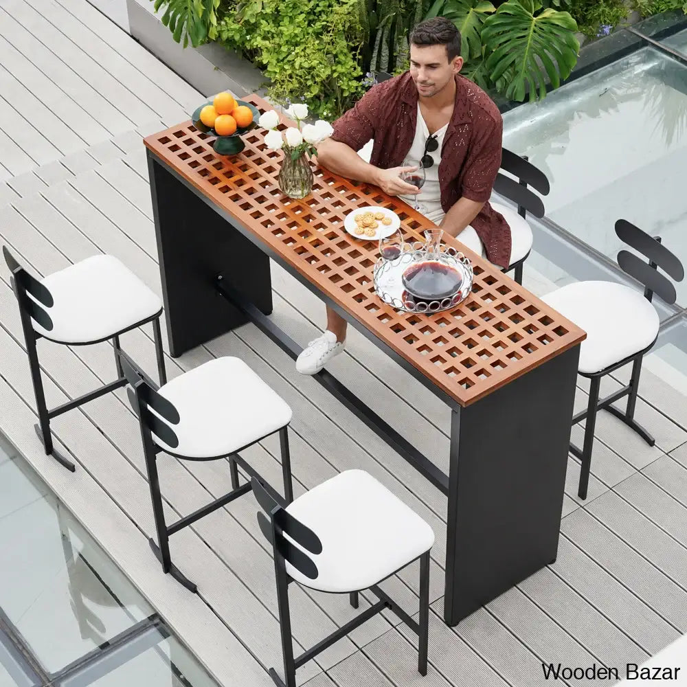 Devona 6-Seater Teak Patio Bar Dining Set With Rectangle Table -