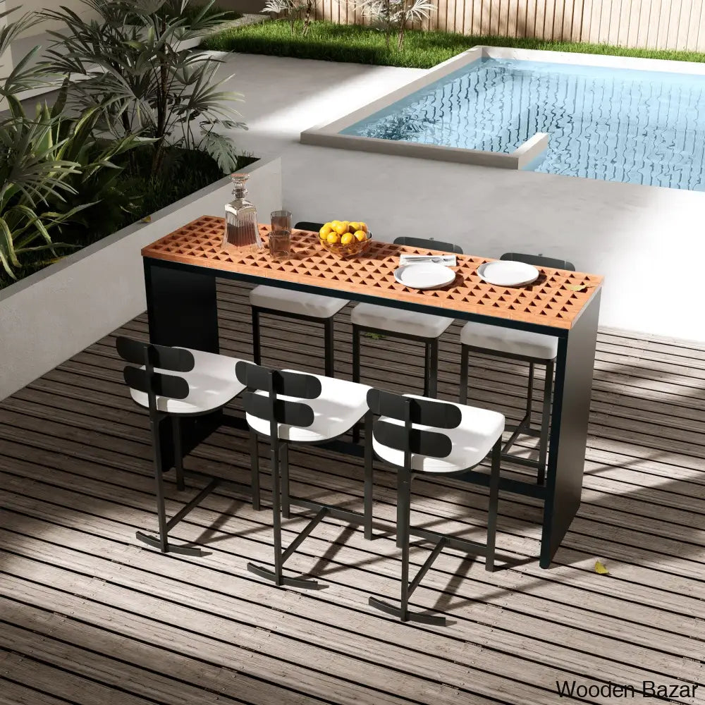 Devona 6-Seater Teak Patio Bar Dining Set With Rectangle Table -