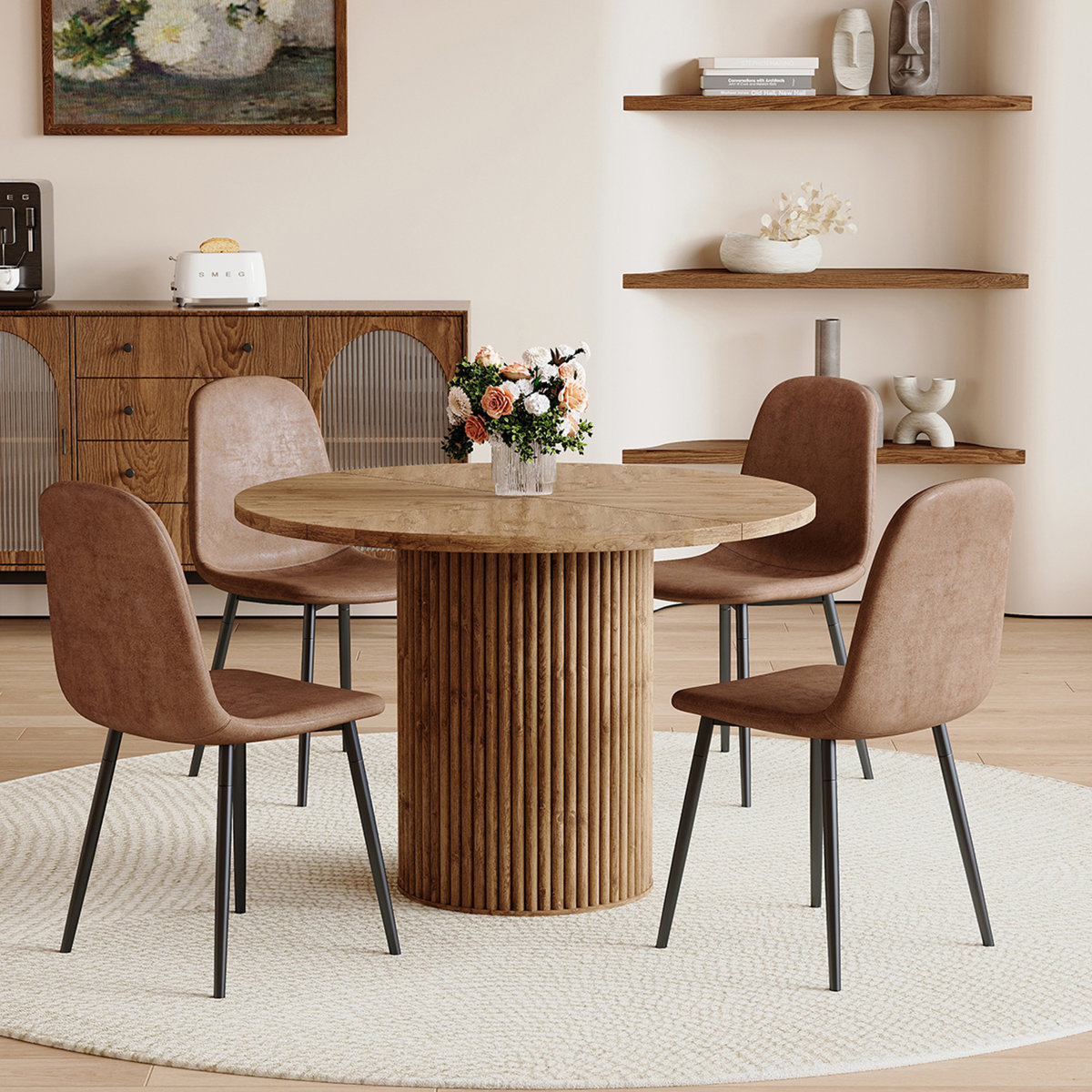 Modern 42" Round Dining Table Set with Fluted Base & 34.5" Chairs
