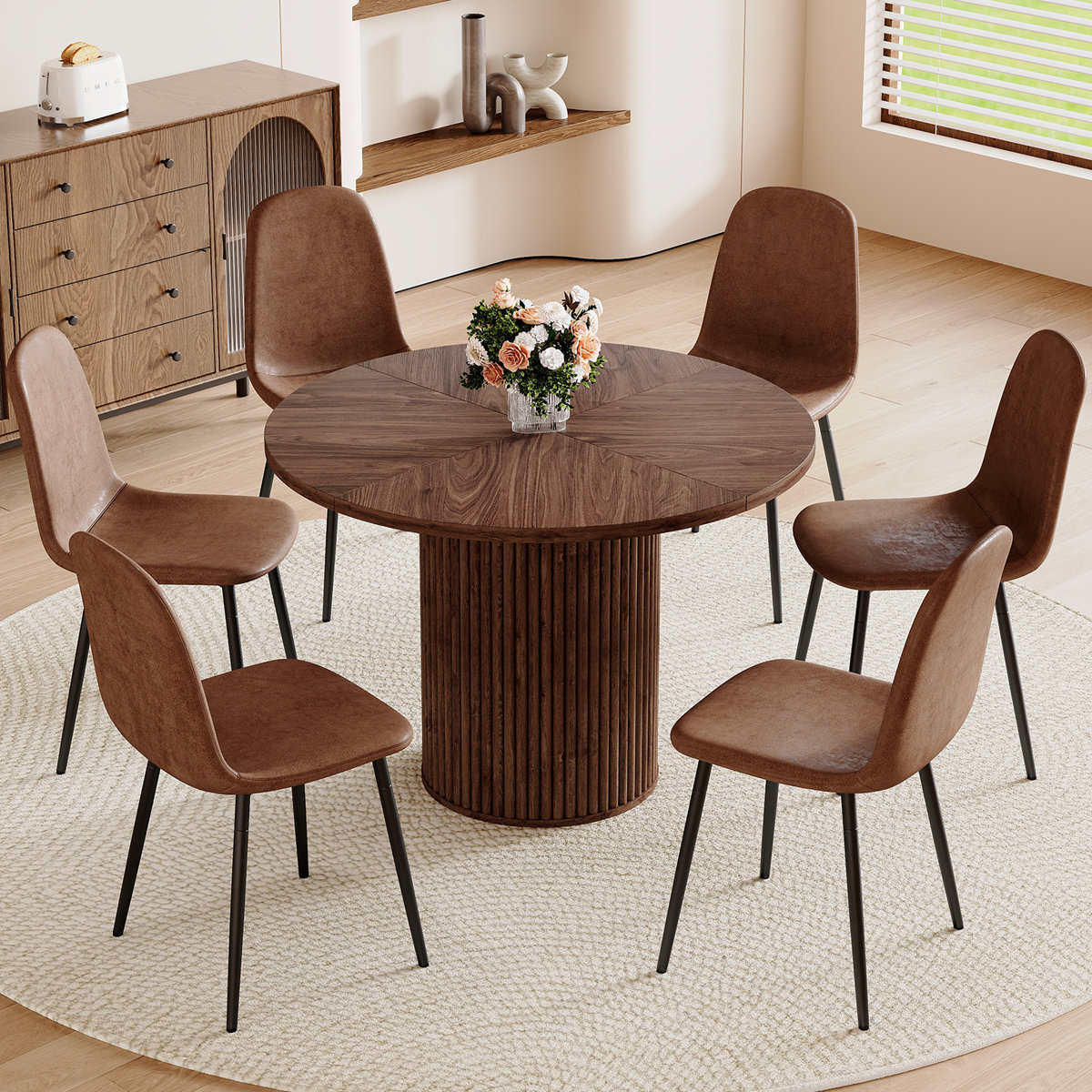 Modern 42" Round Dining Table Set with Fluted Base & 34.5" Chairs