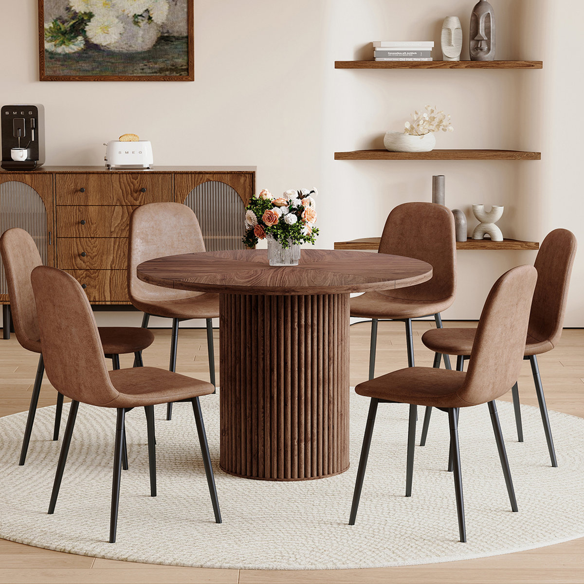 Modern 42" Round Dining Table Set with Fluted Base & 34.5" Chairs
