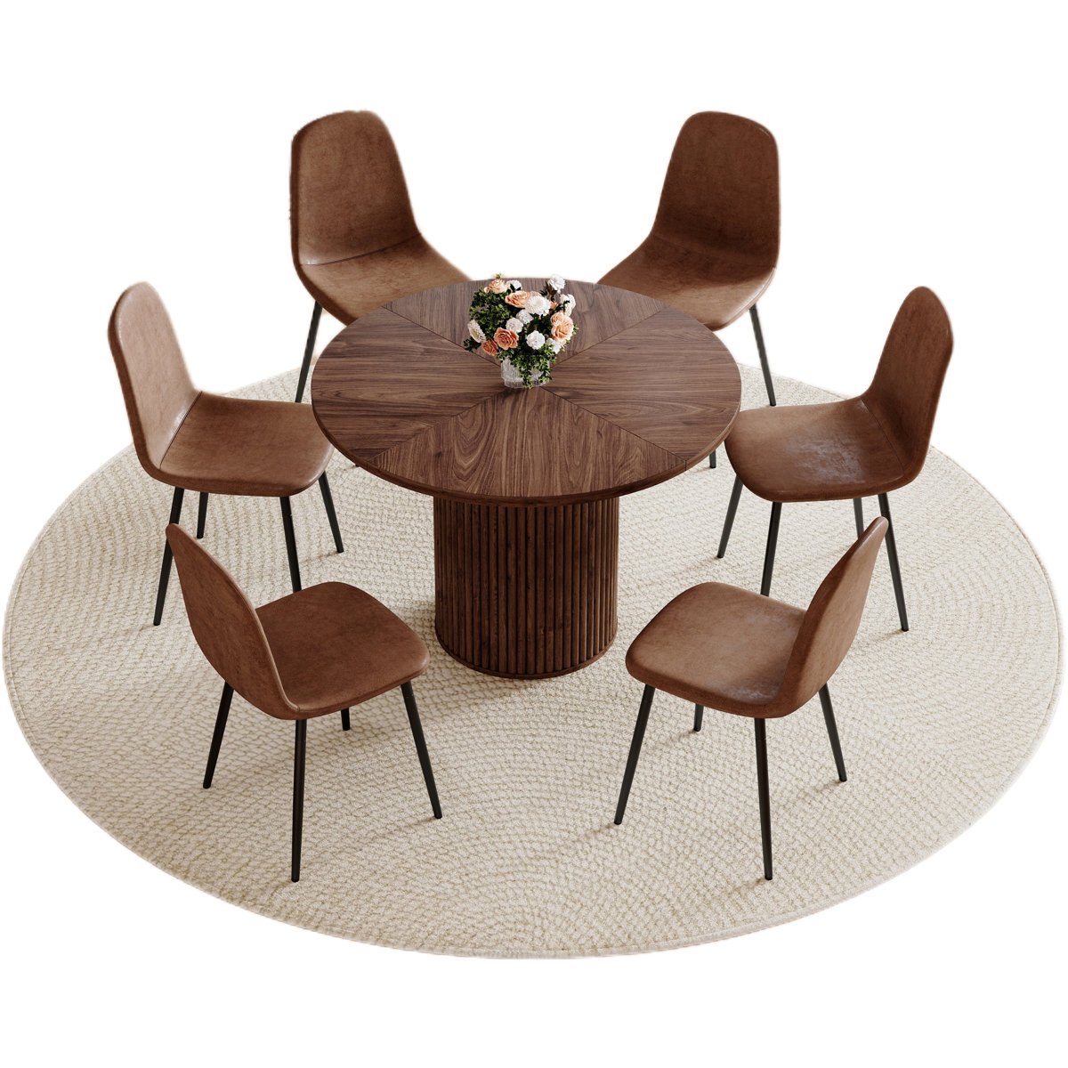 Modern 42" Round Dining Table Set with Fluted Base & 34.5" Chairs