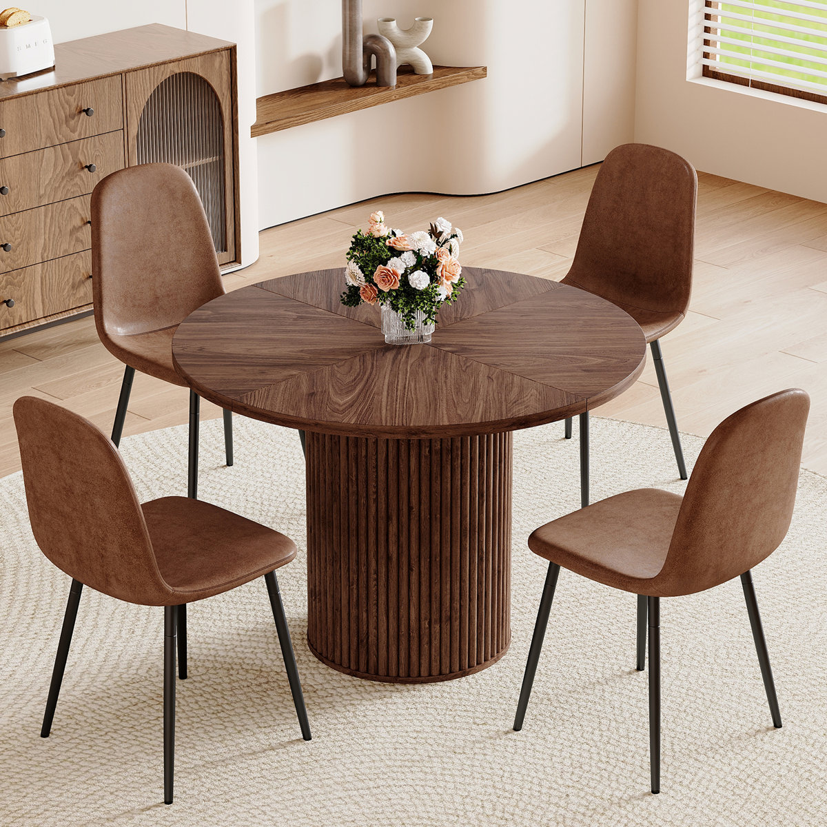 Modern 42" Round Dining Table Set with Fluted Base & 34.5" Chairs