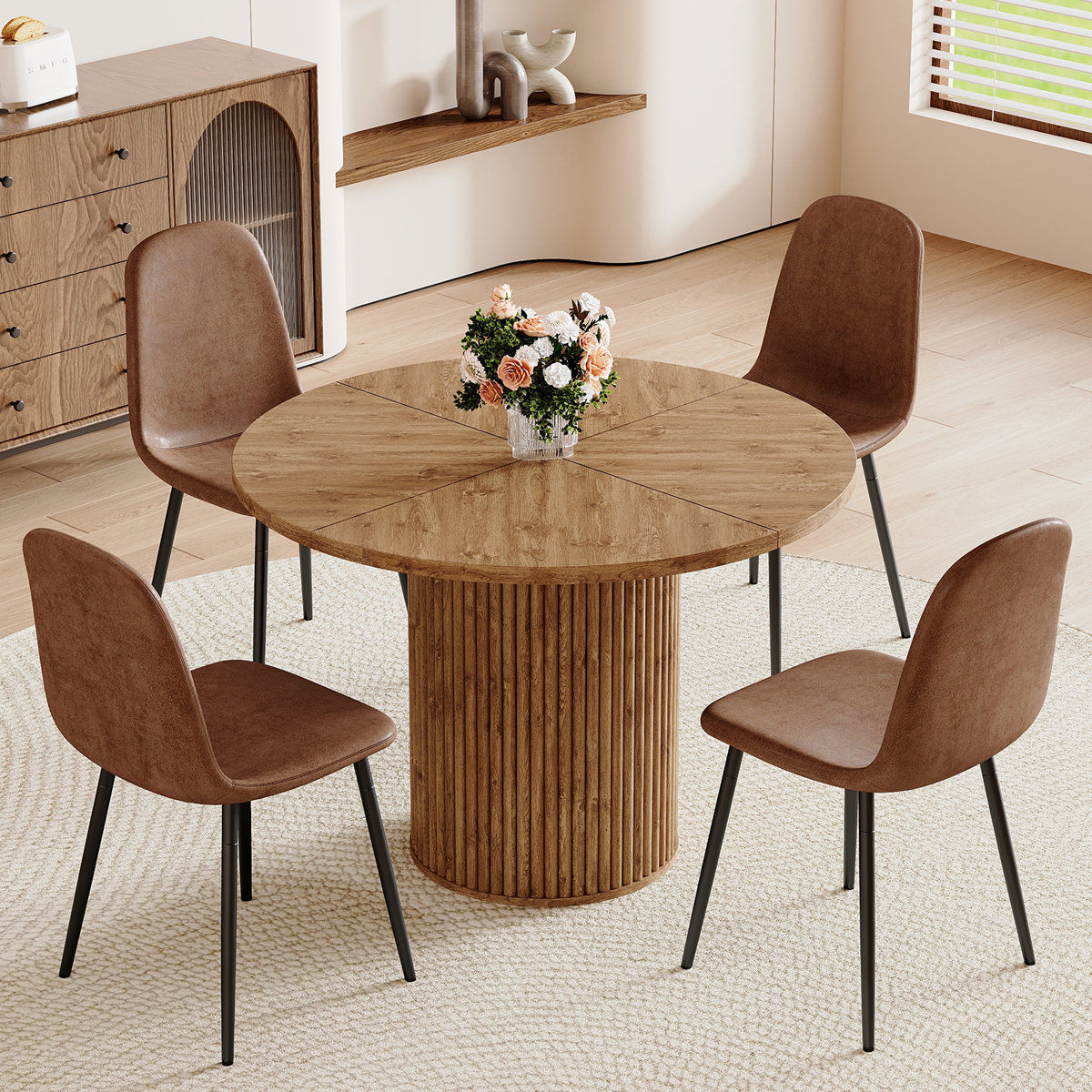 Modern 42" Round Dining Table Set with Fluted Base & 34.5" Chairs
