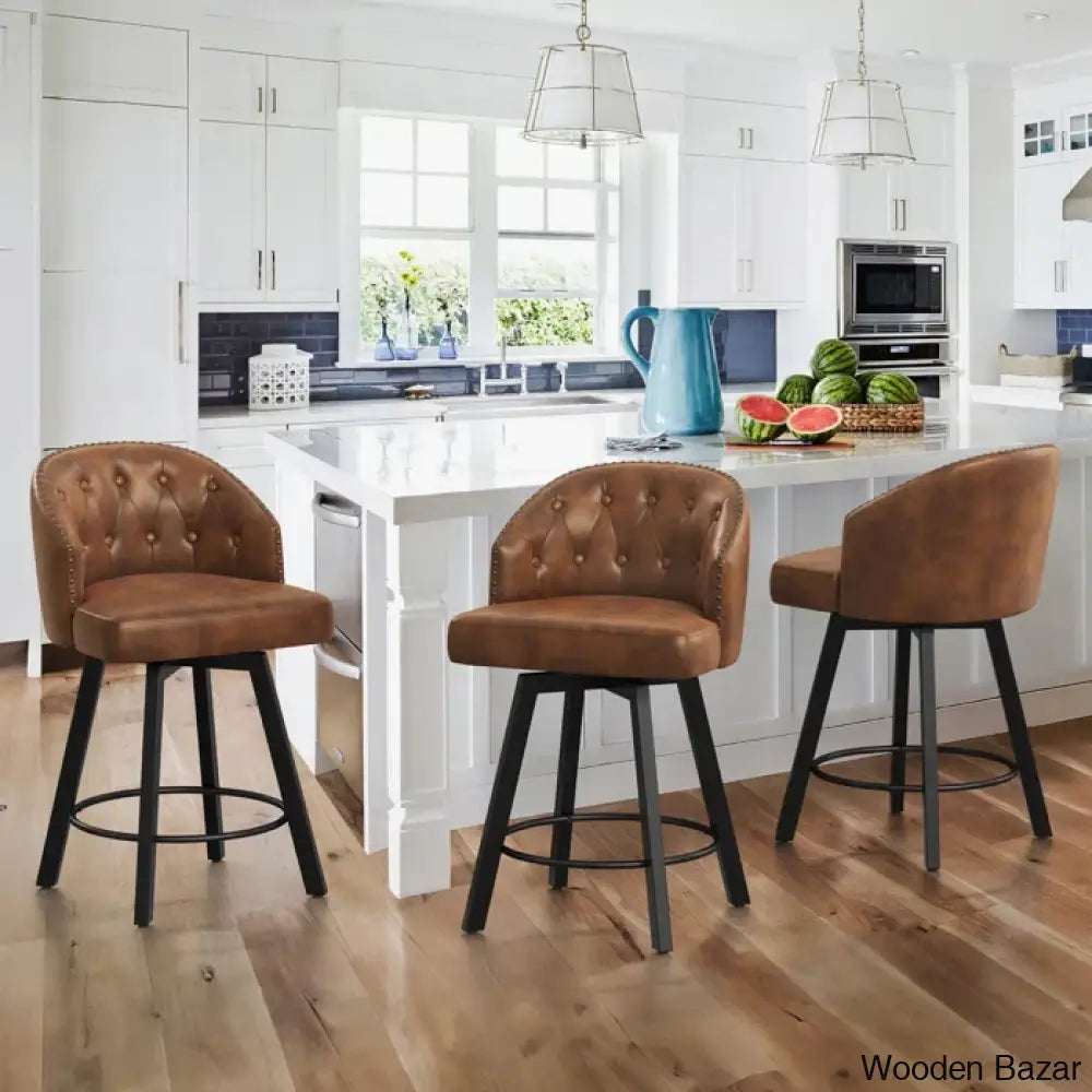 Drishf Swivel 25.98’’ Counter And Bar Stool (Set Of 3) Brown Faux Leather