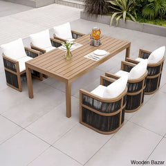 Duff 6 Seater Outdoor Dining Set For With Rectangle Table & Rope Woven Armchair In Natural