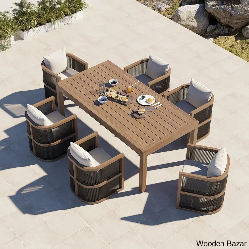 Duff 6 Seater Outdoor Dining Set For With Rectangle Table & Rope Woven Armchair In Natural