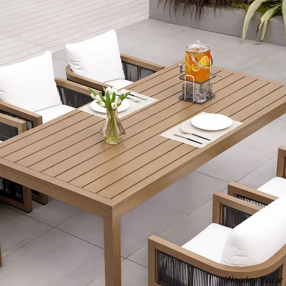 Duff 6 Seater Outdoor Dining Set For With Rectangle Table & Rope Woven Armchair In Natural