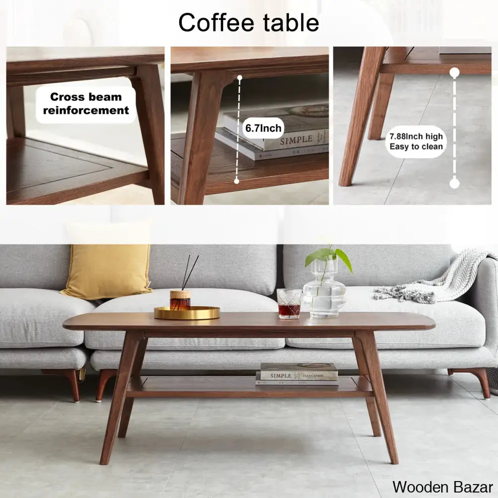 Dulcion Coffee And Center Table Natural Wood Living Room With Storage Shelf Writing Desk