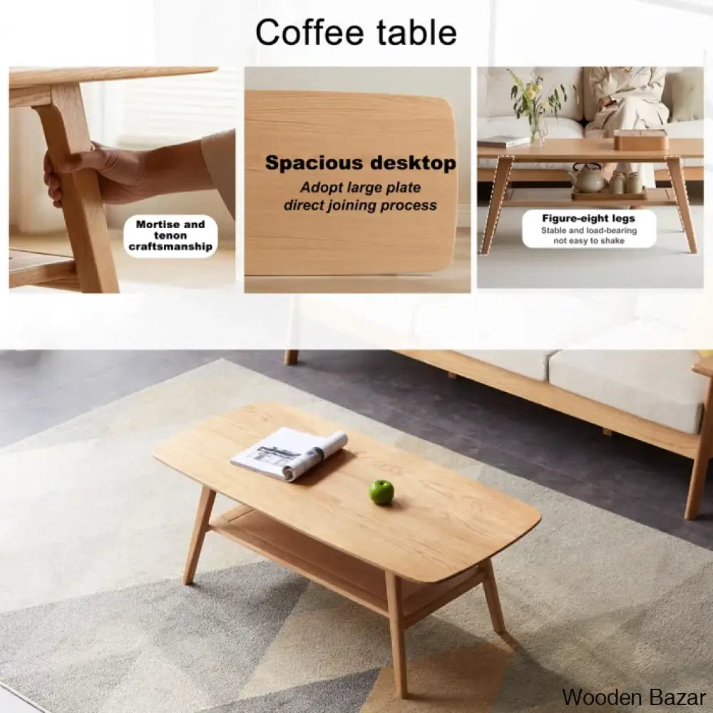 Dulcion Coffee And Center Table Natural Wood Living Room With Storage Shelf Writing Desk