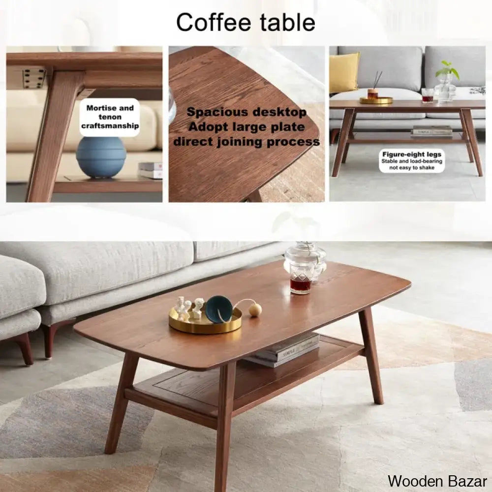 Dulcion Coffee And Center Table Natural Wood Living Room With Storage Shelf Writing Desk