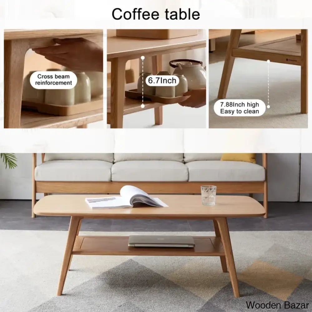 Dulcion Coffee And Center Table Natural Wood Living Room With Storage Shelf Writing Desk